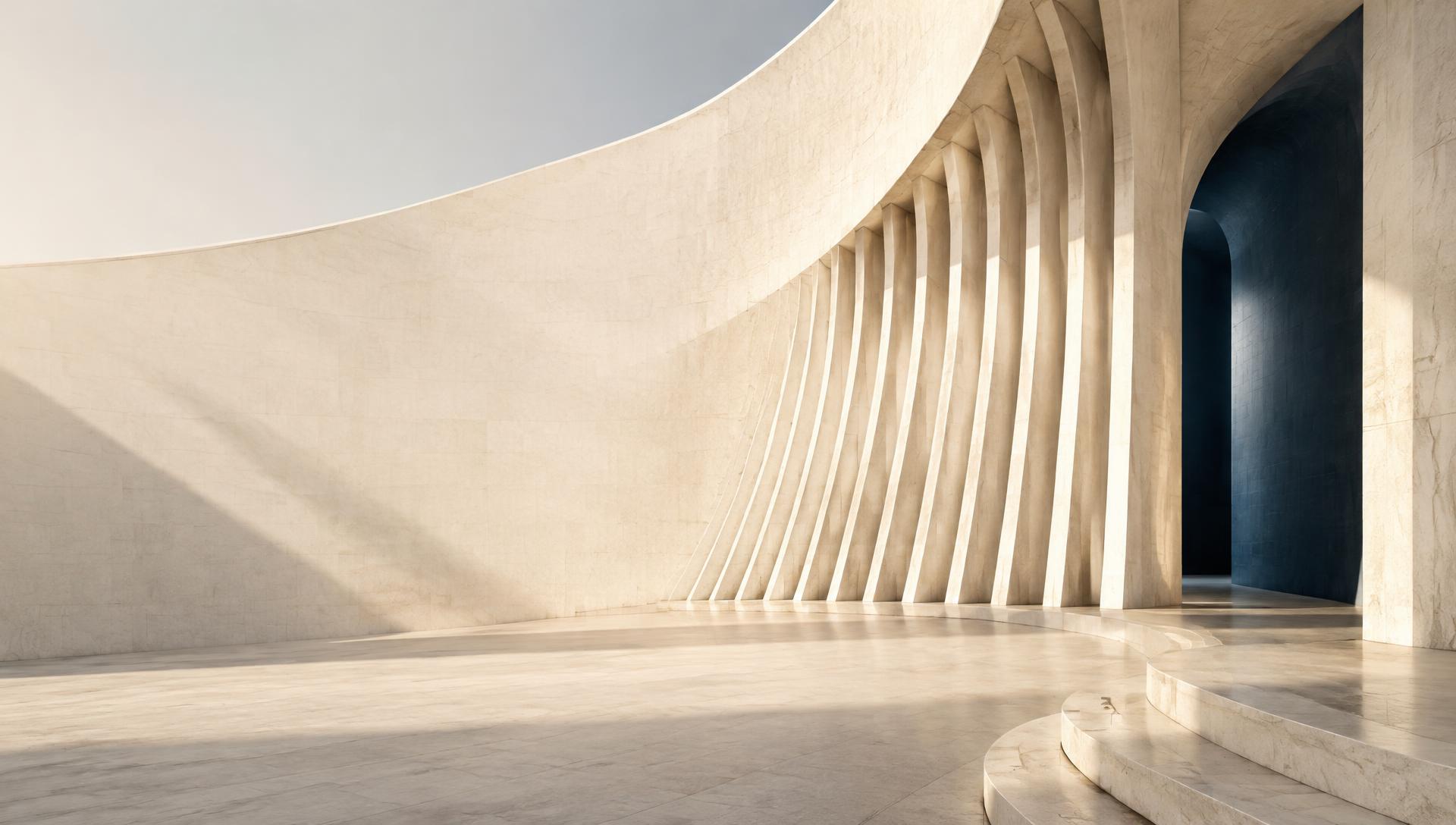 Sculptural limestone architecture with ordered lines and natural light